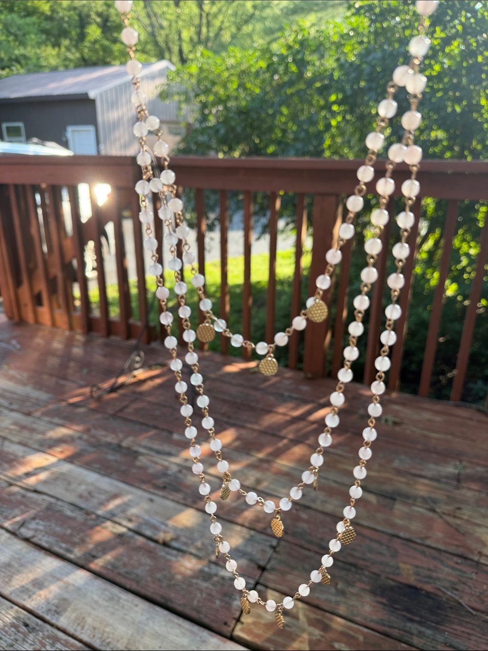 Marlyn Schiff Long Multi -Layered White Beaded Necklace Gold Coin Charms
